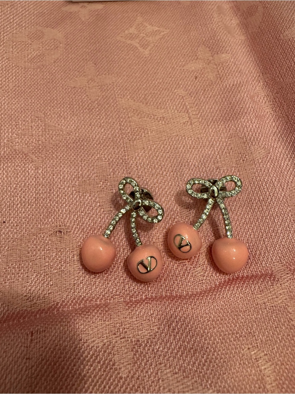 Valentino Pink Crystal Bow Cherry Drop Earrings
